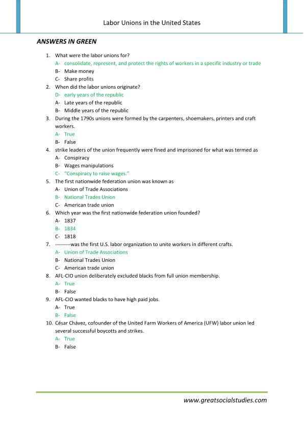 what are labor unions, labour unions, work sheet | GREAT SOCIAL STUDIES